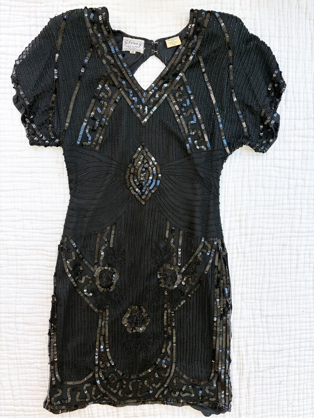Vintage Stenay Silk Beaded Sequin Gatsby Flapper Dress Black Size 10